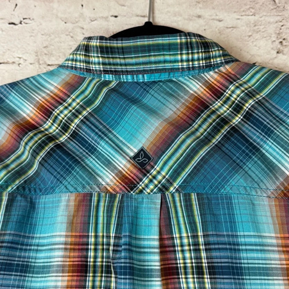 prAna Men's Medium Ostend Short Sleeve Button Down Shirt Plaid Blue Teal Orange - Picture 5 of 7